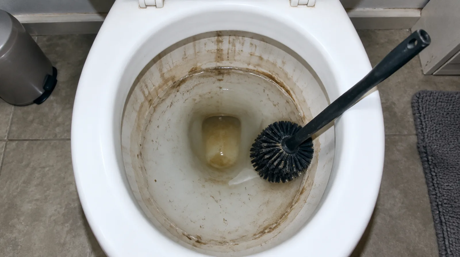 A stained toilet bowl with an old black brush