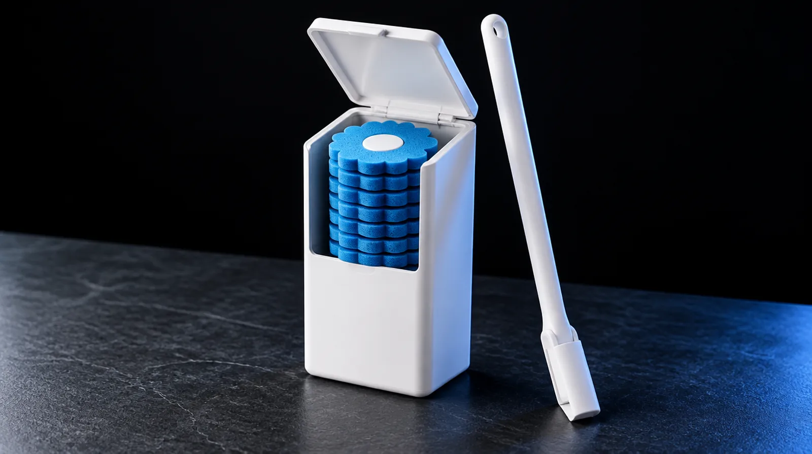 Paragon Clean wall box with the lid open, a stack of blue heads inside, and the slim wand beside it