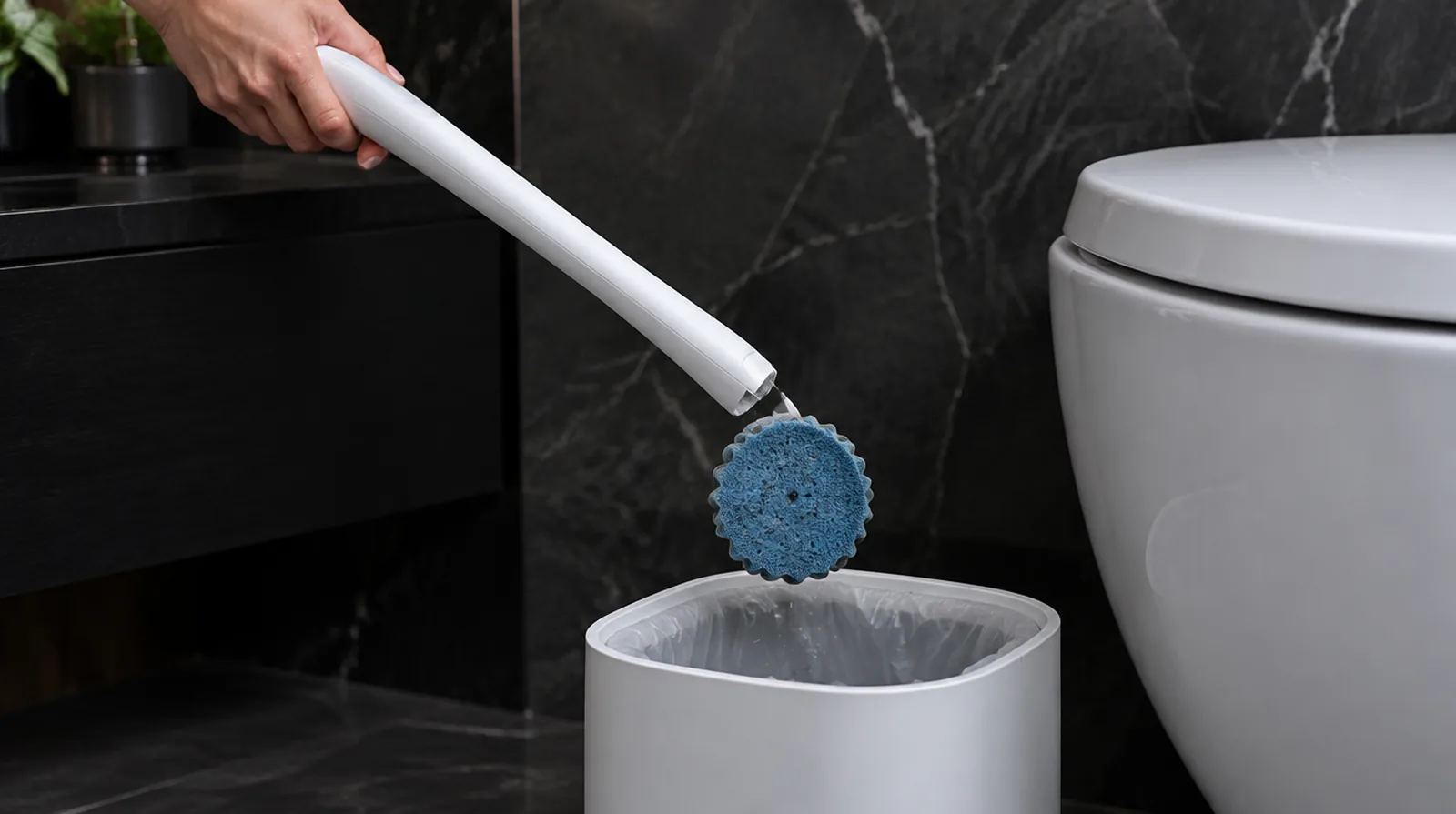A used head dropping from the wand into a small white bin